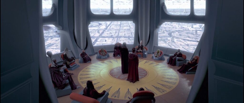 Qui-Gon és Obi-Wan beszámolnak tapasztalataikról a Jedi Tanács előtt.