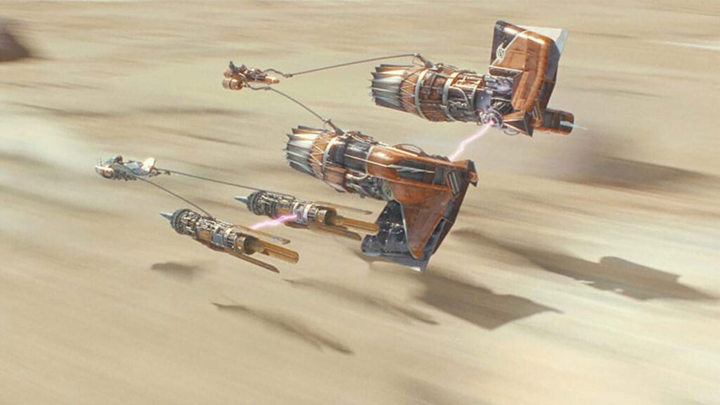 Anakin Skywalker és Sebulba fej fej mellett a a fogatverseny célegyenesében