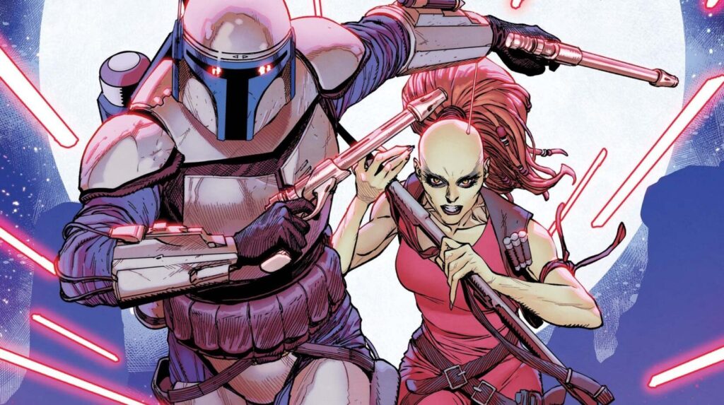 Jango és Aurra a sorozat negyedik füzetének borítóján (Forrás: Wookieepedia)
