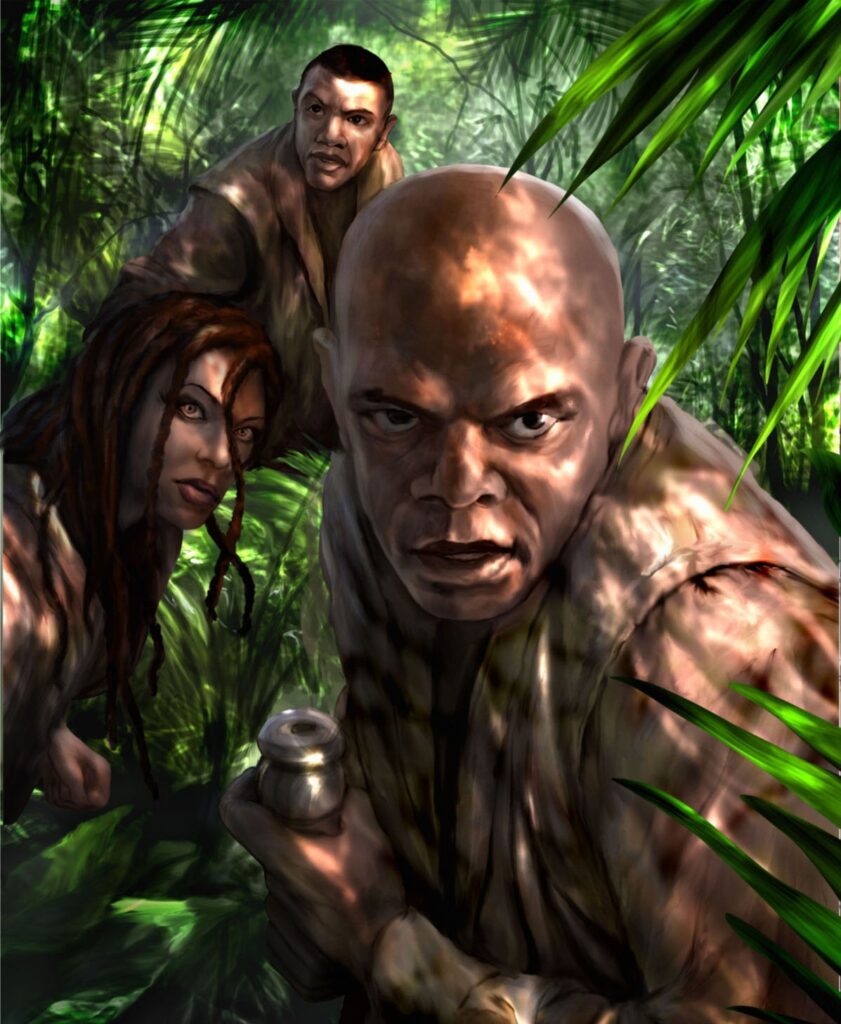 Macw Windu és két korrun, Nick Rostu és Chalk a Haruun Kal dzsungelében (Forrás: Wookieepedia)