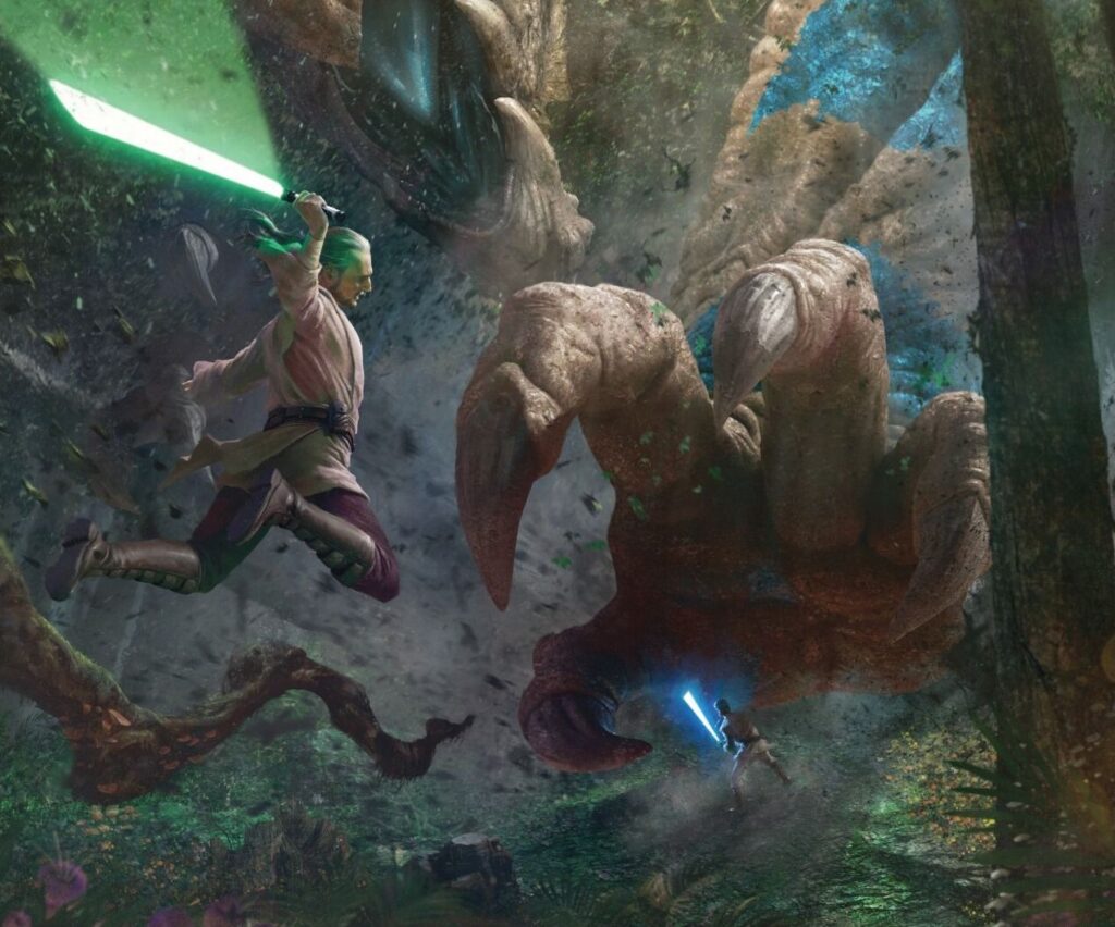 Qui-Gon és Obi-Wan a hatalmas kaijura szörnyek ellen harcolnak a Jedi Knights 3. füzetében.