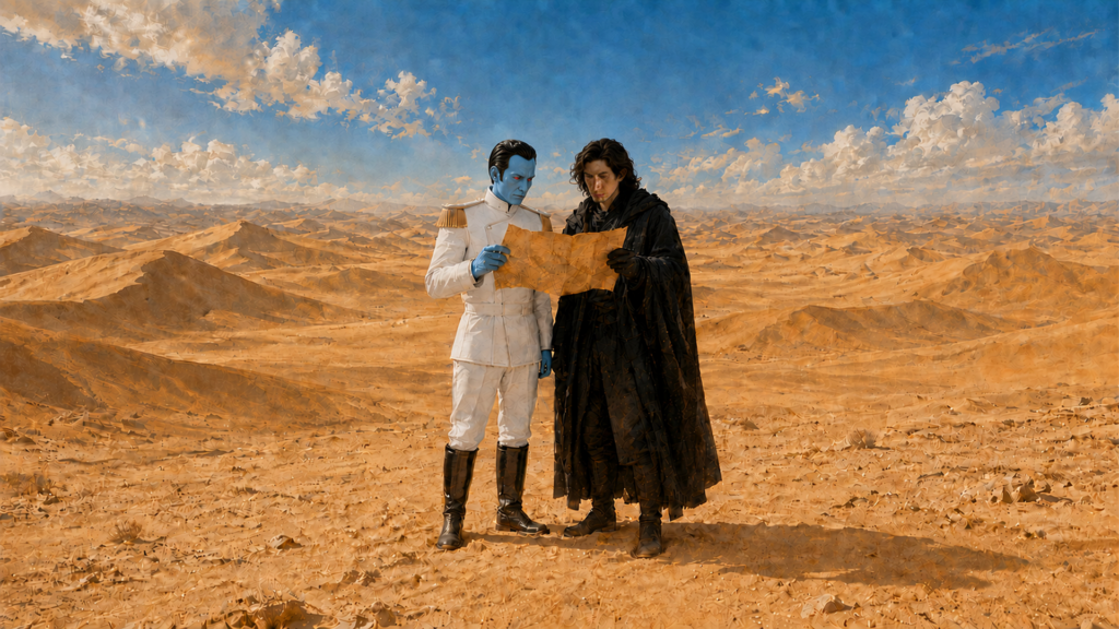 Thrawn és Kylo egy térképet néznek a sivatagban